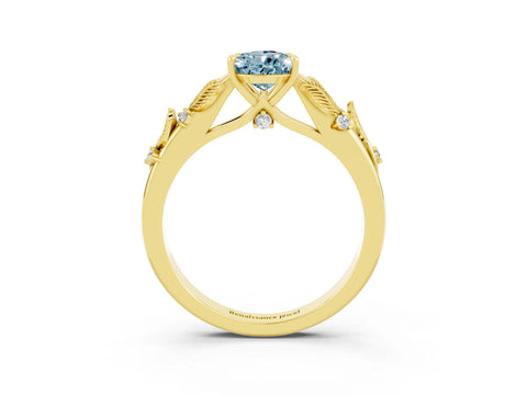 Yellow gold Pear Cut Aquamarine Solitaire Ring with Leaf Motif Band and Four-Prong Setting_3