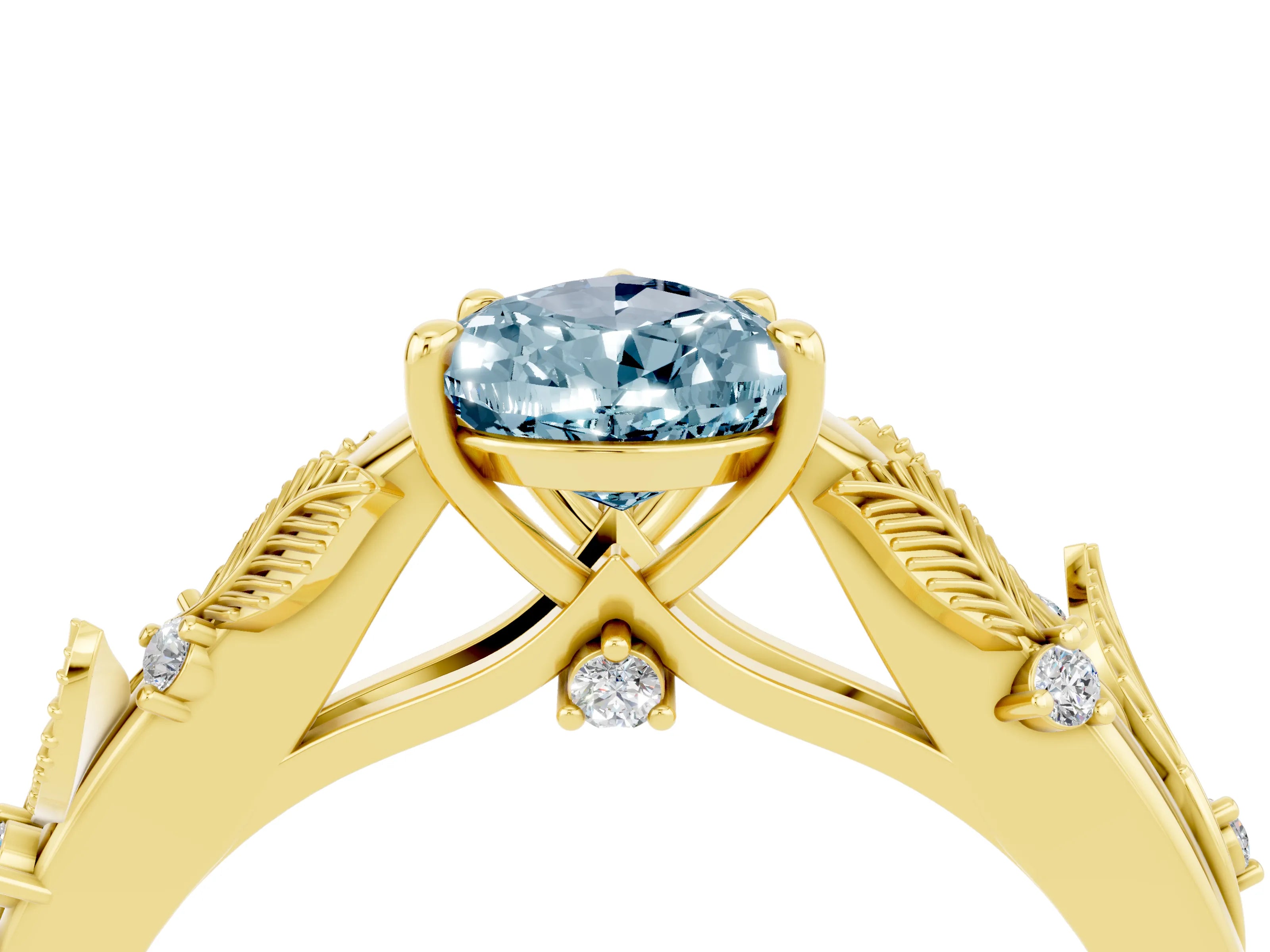 Yellow gold Pear Cut Aquamarine Solitaire Ring with Leaf Motif Band and Four-Prong Setting_4