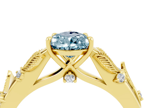 Yellow gold Pear Cut Aquamarine Solitaire Ring with Leaf Motif Band and Four-Prong Setting_4