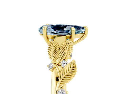 Yellow gold Pear Cut Aquamarine Solitaire Ring with Leaf Motif Band and Four-Prong Setting_5