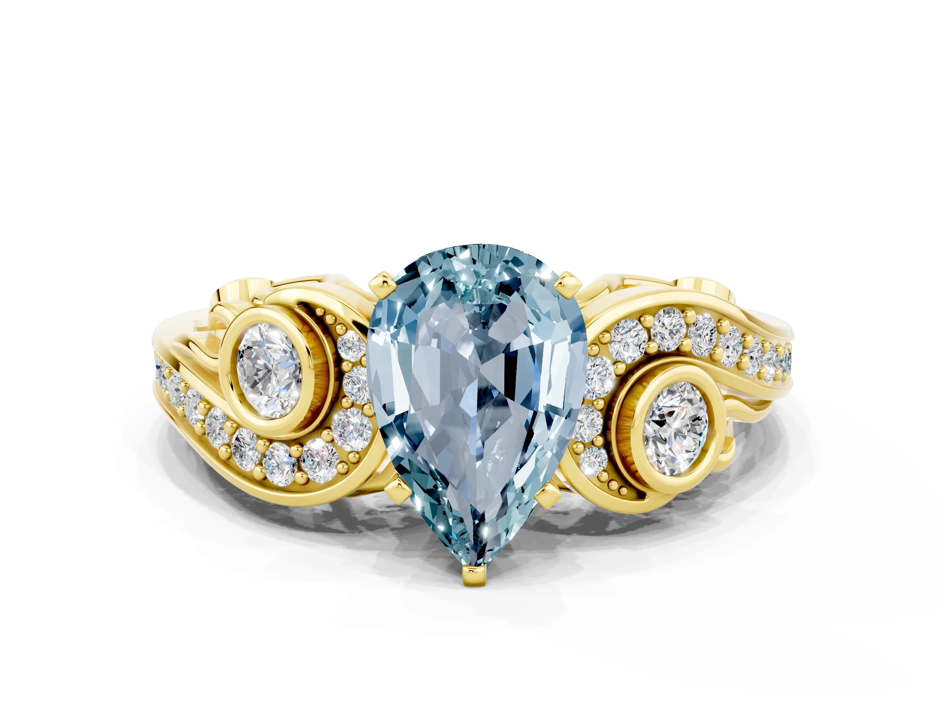 Yellow gold Pear Cut Aquamarine Solitaire Ring with Milgrain Pavé Band and Four-Prong Setting_24