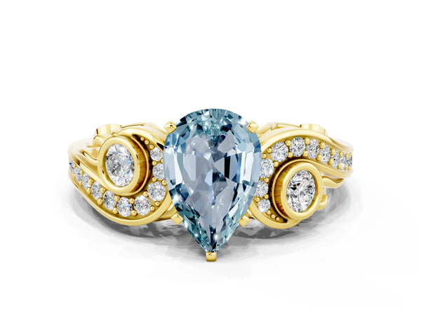 Yellow gold Pear Cut Aquamarine Solitaire Ring with Milgrain Pavé Band and Four-Prong Setting