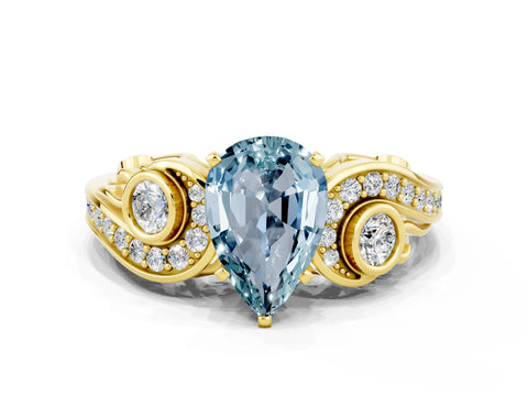 Yellow gold Pear Cut Aquamarine Solitaire Ring with Milgrain Pavé Band and Four-Prong Setting_24