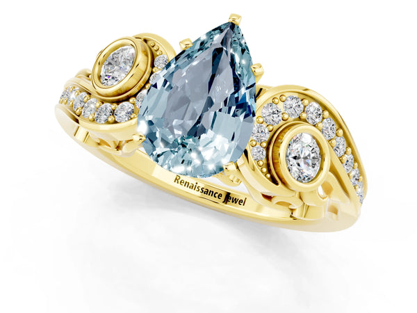 Yellow gold Pear Cut Aquamarine Solitaire Ring with Milgrain Pavé Band and Four-Prong Setting