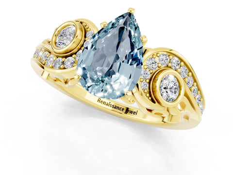 Yellow gold Pear Cut Aquamarine Solitaire Ring with Milgrain Pavé Band and Four-Prong Setting_25