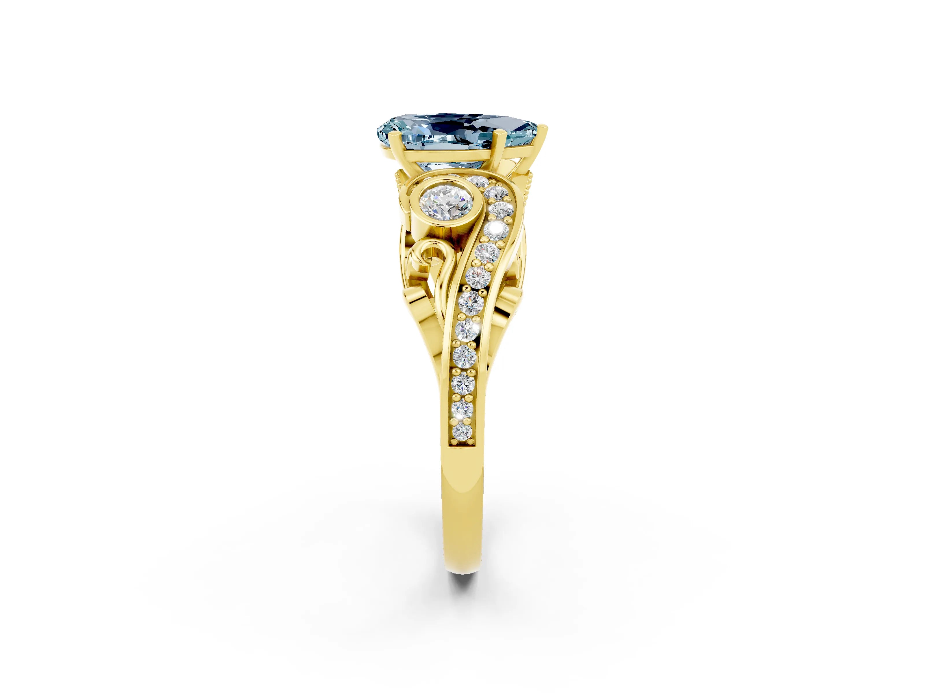 Yellow gold Pear Cut Aquamarine Solitaire Ring with Milgrain Pavé Band and Four-Prong Setting_26