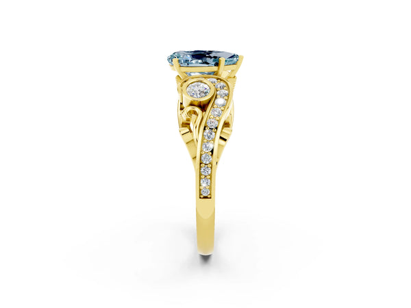 Yellow gold Pear Cut Aquamarine Solitaire Ring with Milgrain Pavé Band and Four-Prong Setting
