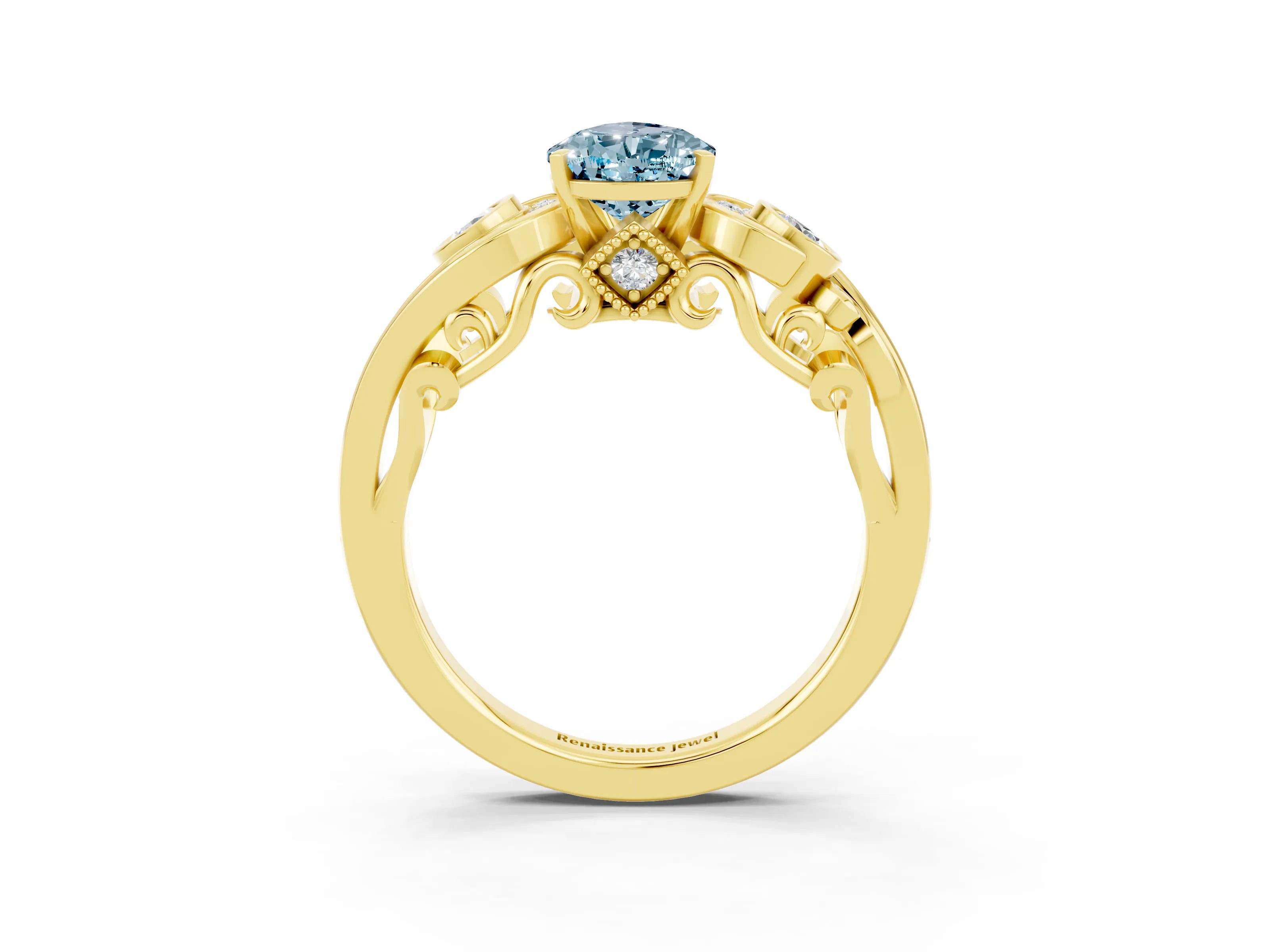 Yellow gold Pear Cut Aquamarine Solitaire Ring with Milgrain Pavé Band and Four-Prong Setting_27