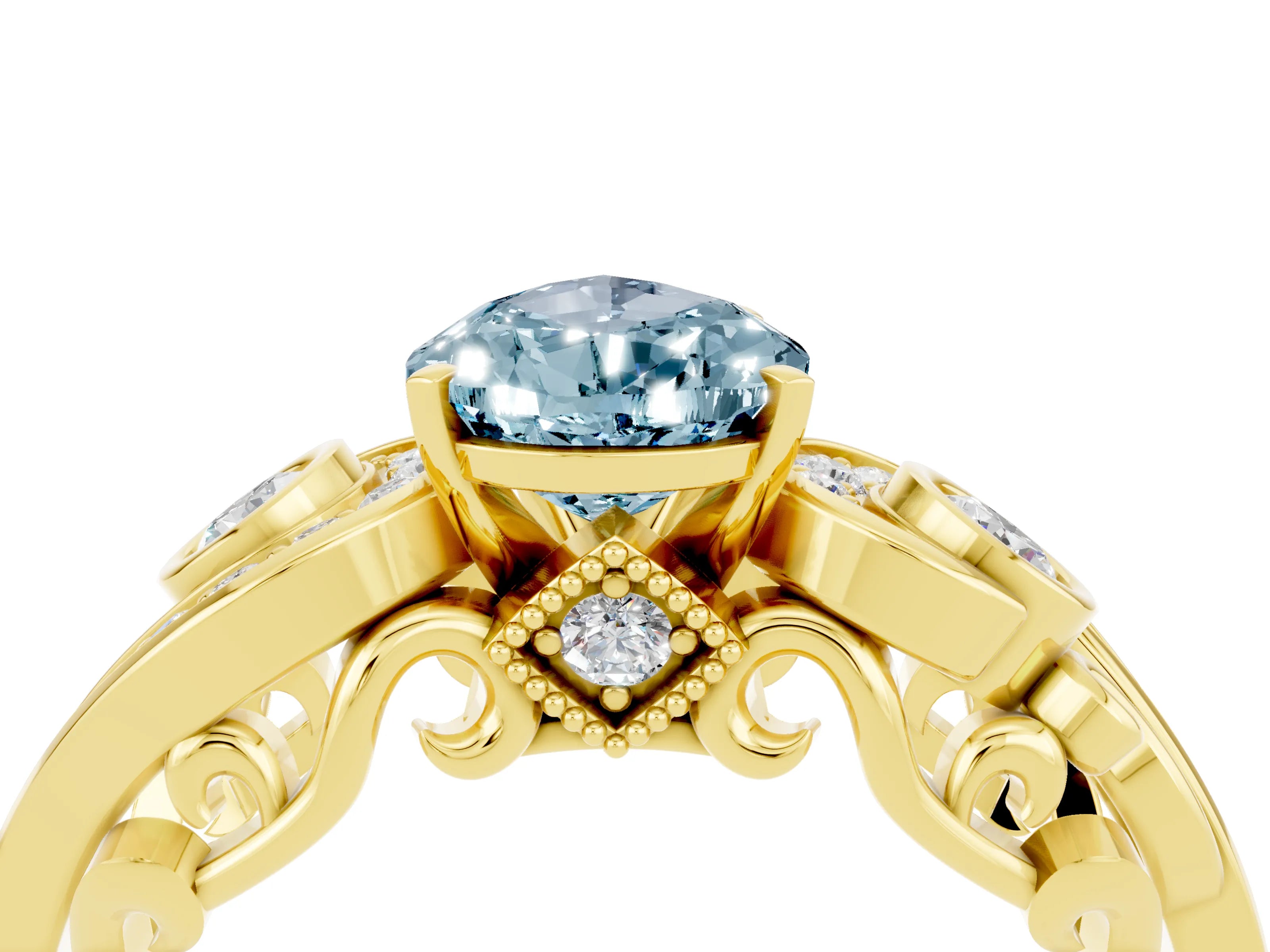 Yellow gold Pear Cut Aquamarine Solitaire Ring with Milgrain Pavé Band and Four-Prong Setting_28