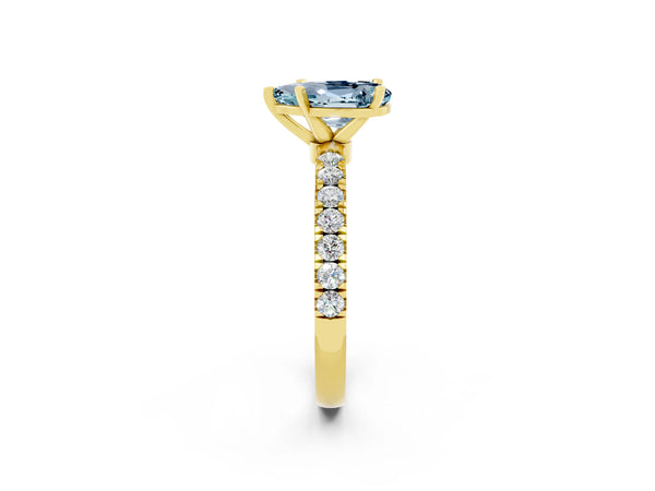 Yellow gold Pear Cut Aquamarine Solitaire Ring with Pavé Accents and Four-Prong Setting