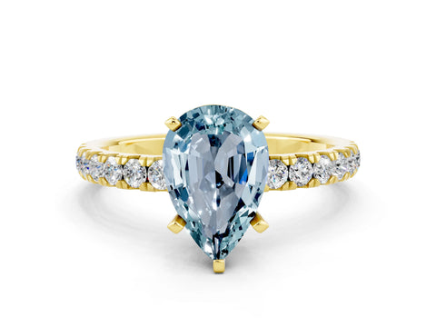 Yellow gold Pear Cut Aquamarine Solitaire Ring with Pavé Accents and Four-Prong Setting