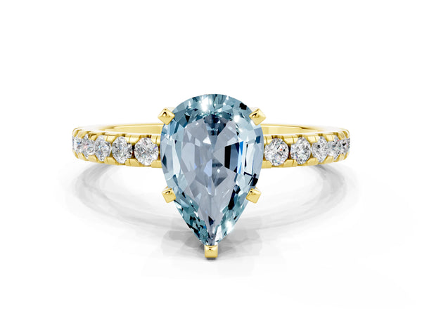 Yellow gold Pear Cut Aquamarine Solitaire Ring with Round  Pavé Band and Four-Prong Setting