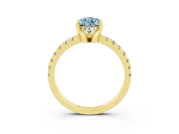 Yellow gold Pear Cut Aquamarine Solitaire Ring with Round  Pavé Band and Four-Prong Setting