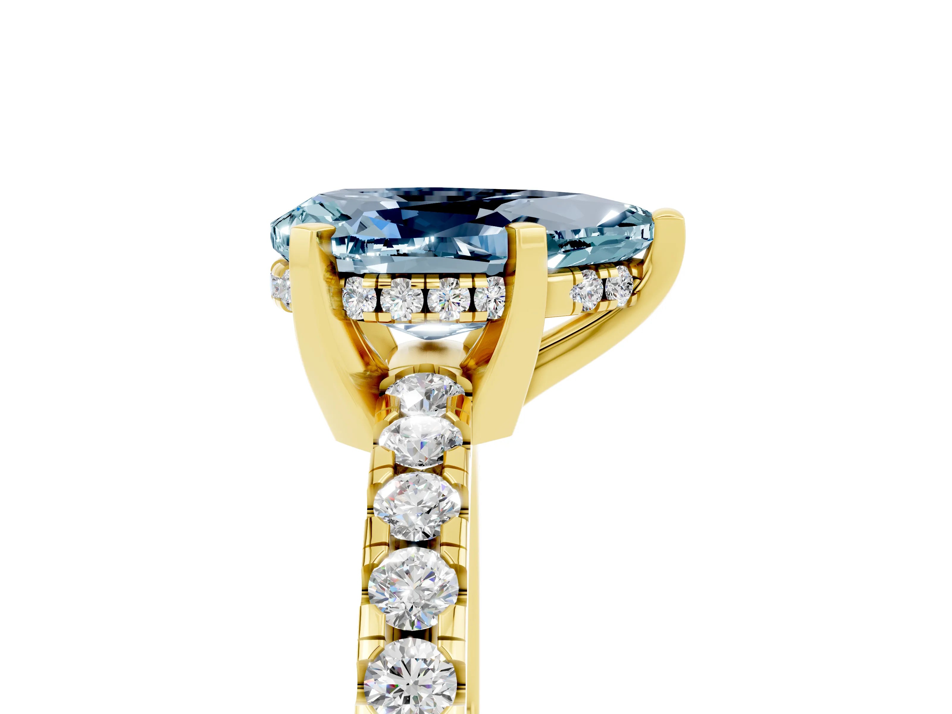 Yellow gold Pear Cut Aquamarine Solitaire Ring with Pavé Band and Four-Prong Setting_29