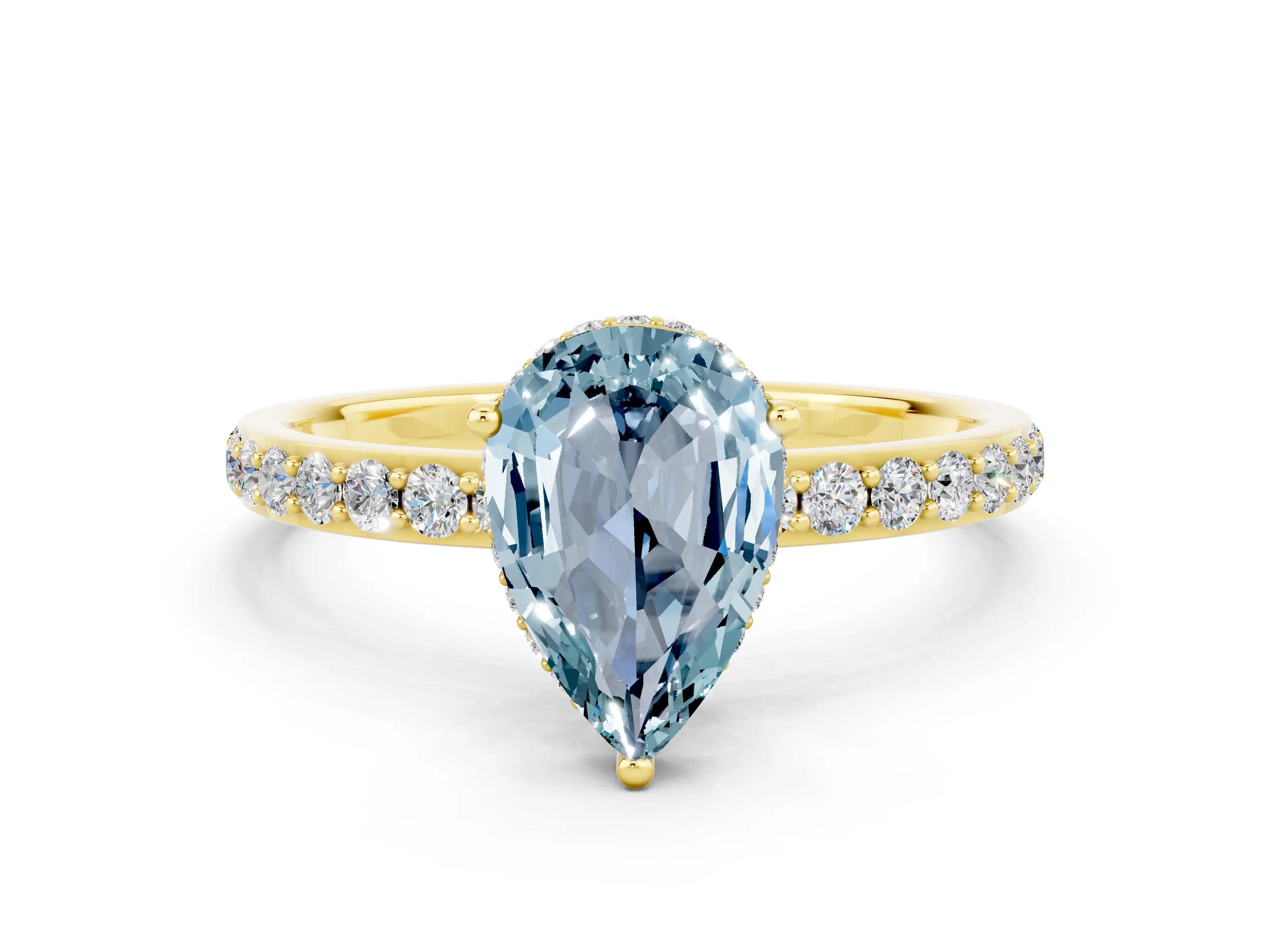Yellow gold Pear Cut Aquamarine Solitaire Ring with Pavé Band and Hidden Halo_12