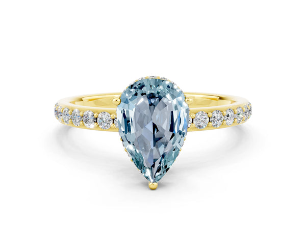 Yellow gold Pear Cut Aquamarine Solitaire Ring with Pavé Band and Hidden Halo