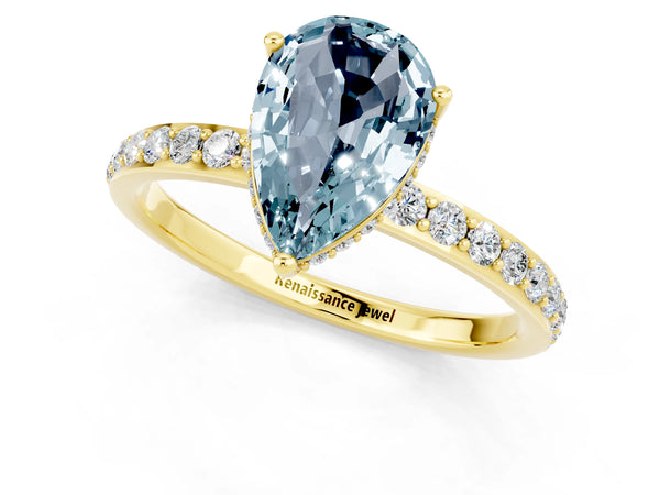 Yellow gold Pear Cut Aquamarine Solitaire Ring with Pavé Band and Hidden Halo