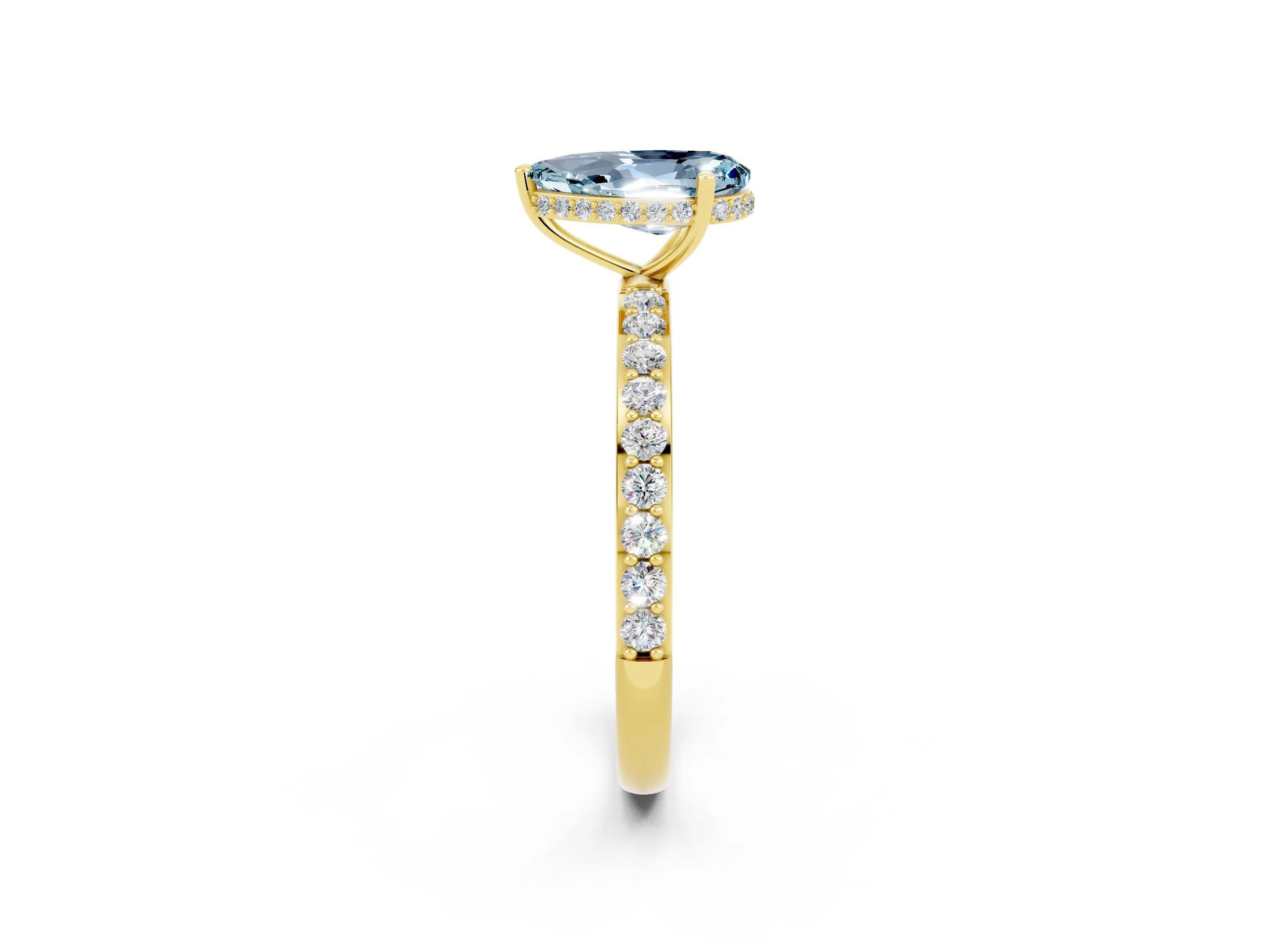 Yellow gold Pear Cut Aquamarine Solitaire Ring with Pavé Band and Hidden Halo_14