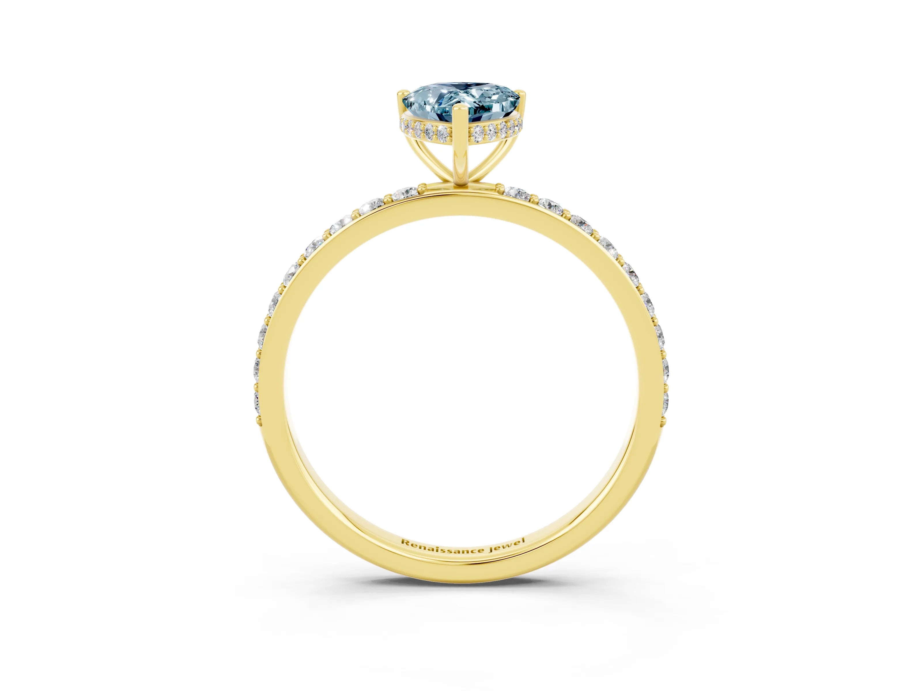 Yellow gold Pear Cut Aquamarine Solitaire Ring with Pavé Band and Hidden Halo_15