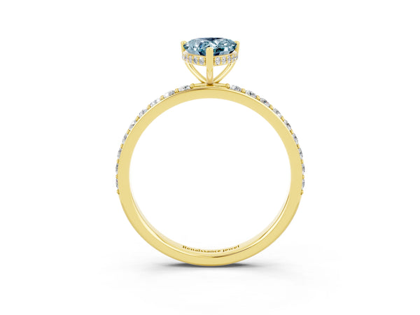 Yellow gold Pear Cut Aquamarine Solitaire Ring with Pavé Band and Hidden Halo