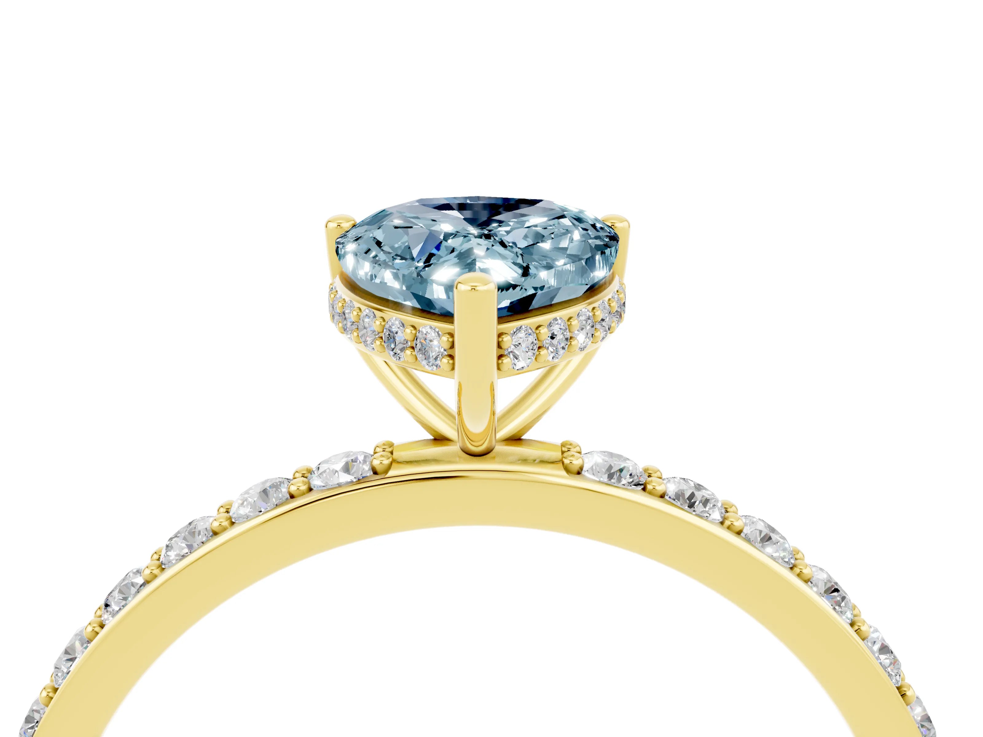 Yellow gold Pear Cut Aquamarine Solitaire Ring with Pavé Band and Hidden Halo_16