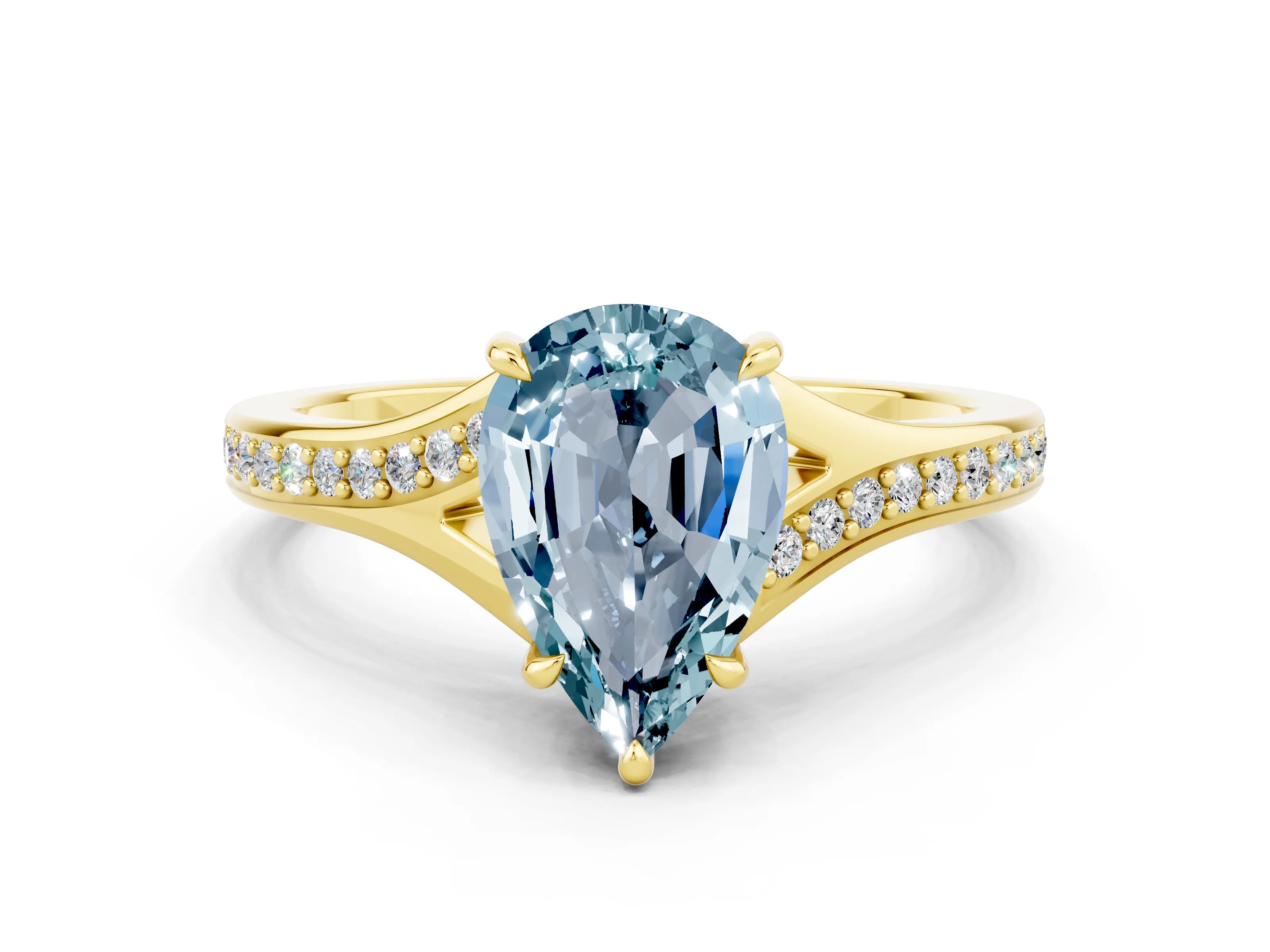 Yellow gold Pear Cut Aquamarine Solitaire Ring with Pavé Band and Prong Setting