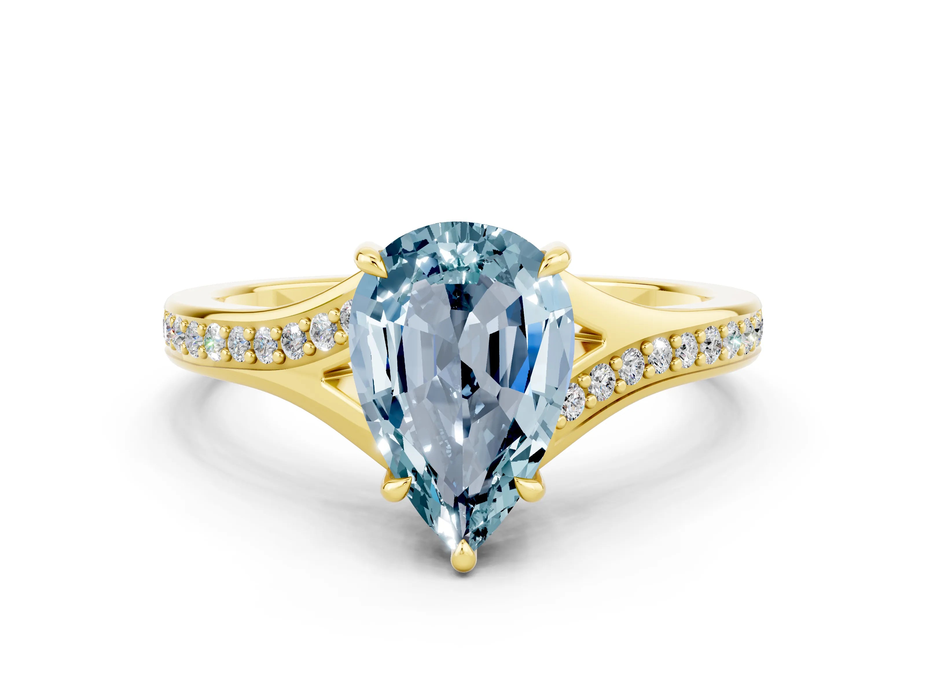 Yellow gold Pear Cut Aquamarine Solitaire Ring with Pavé Band and Prong Setting_12