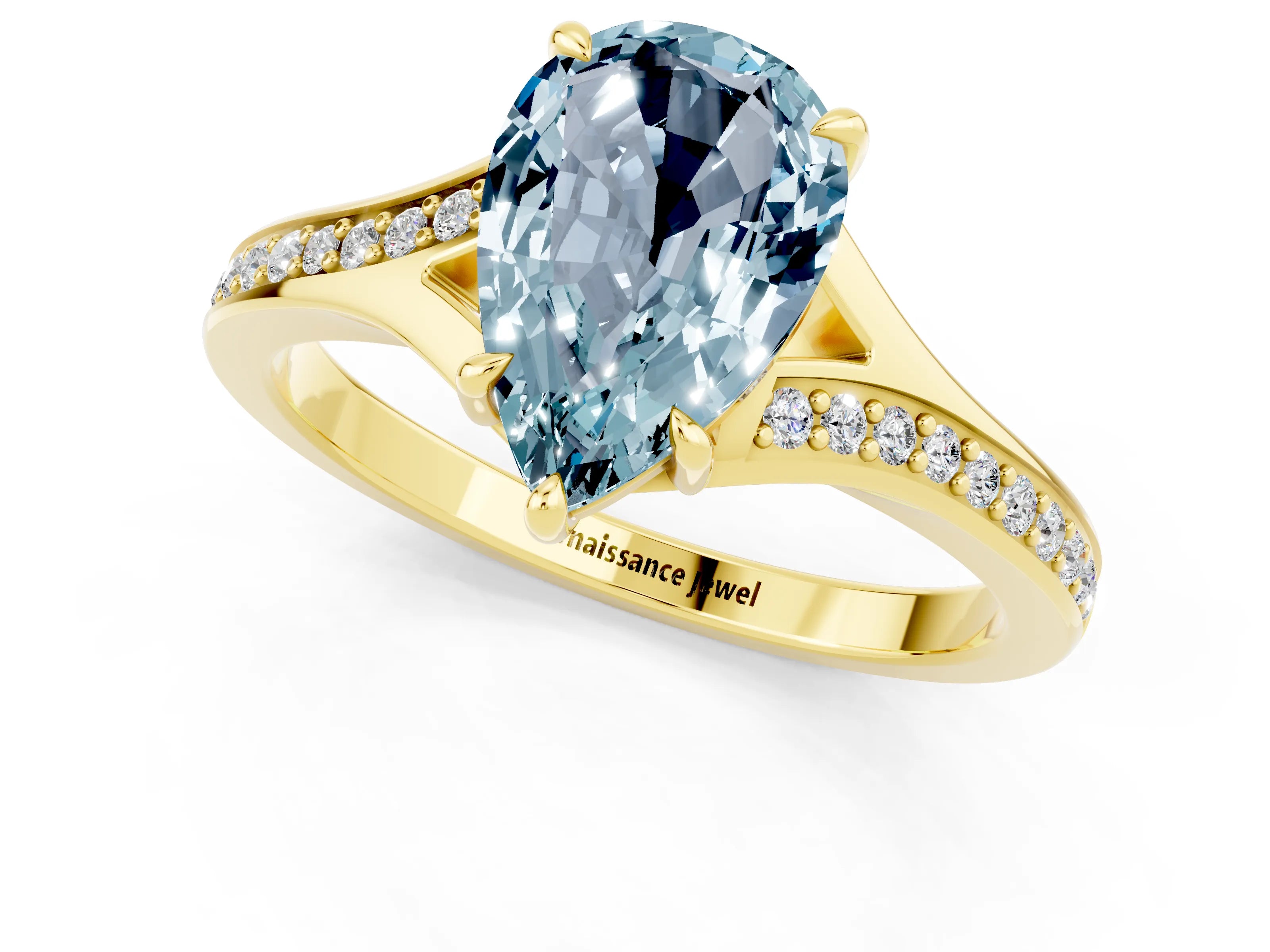 Yellow gold Pear Cut Aquamarine Solitaire Ring with Pavé Band and Prong Setting_13