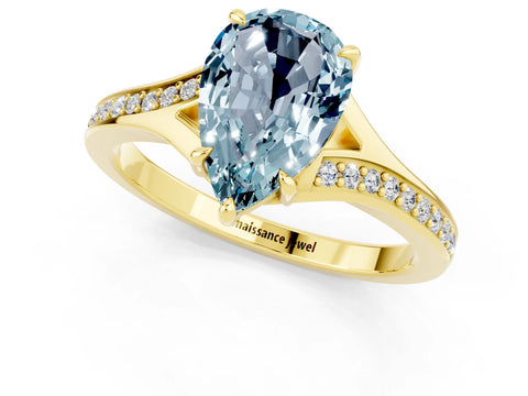 Yellow gold Pear Cut Aquamarine Solitaire Ring with Pavé Band and Prong Setting_13