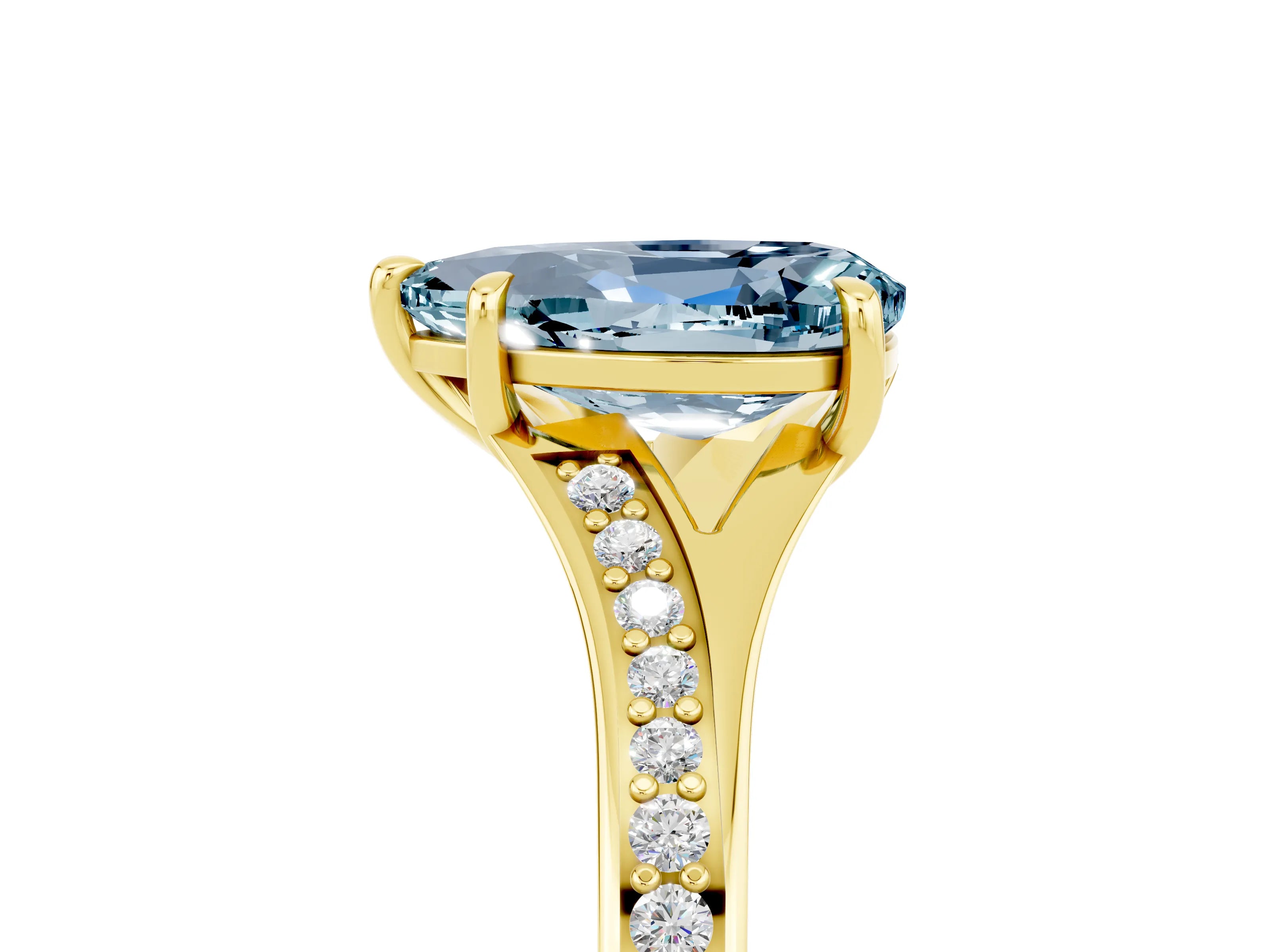 Yellow gold Pear Cut Aquamarine Solitaire Ring with Pavé Band and Prong Setting_17
