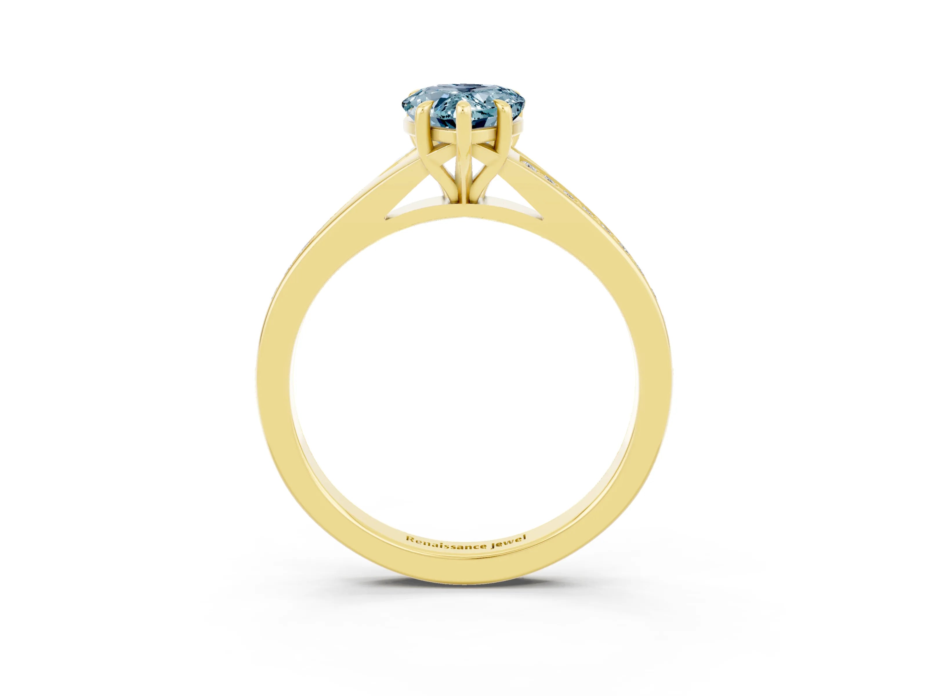 Yellow gold Pear Cut Aquamarine Solitaire Ring with Pavé Band and Prong Setting_3