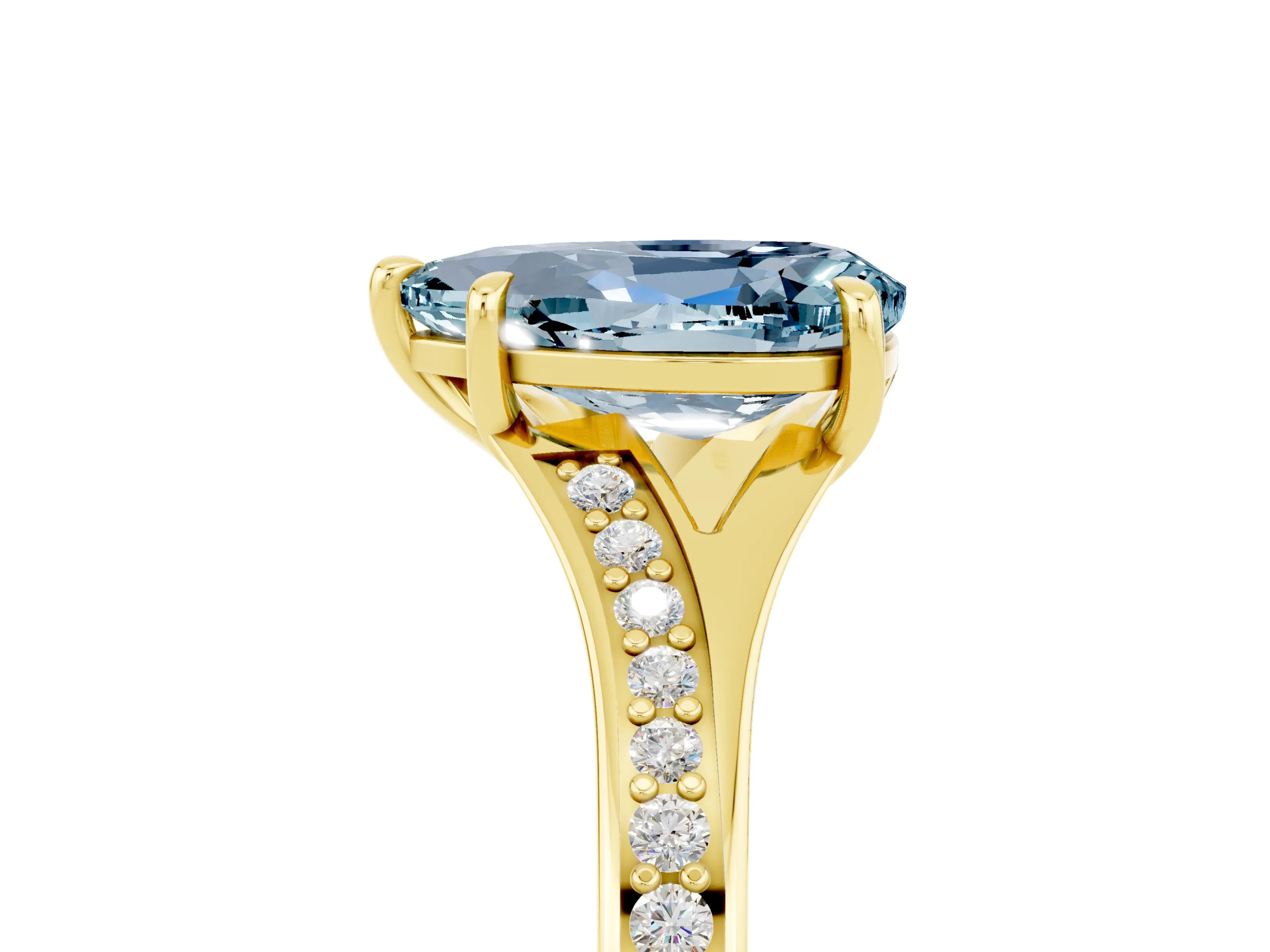 Yellow gold Pear Cut Aquamarine Solitaire Ring with Pavé Band and Prong Setting_5