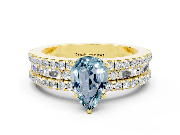 Yellow gold Pear Cut Aquamarine Solitaire Ring with Pavé and Channel Set Band