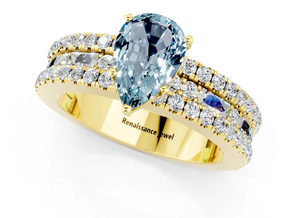 Yellow gold Pear Cut Aquamarine Solitaire Ring with Pavé and Channel Set Band