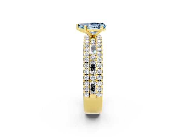 Yellow gold Pear Cut Aquamarine Solitaire Ring with Pavé and Channel Set Band