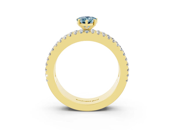 Yellow gold Pear Cut Aquamarine Solitaire Ring with Pavé and Channel Set Band