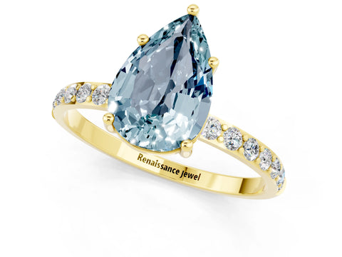 Yellow gold Pear Cut Aquamarine Solitaire Ring with Pave Band and Four Prong Setting_13