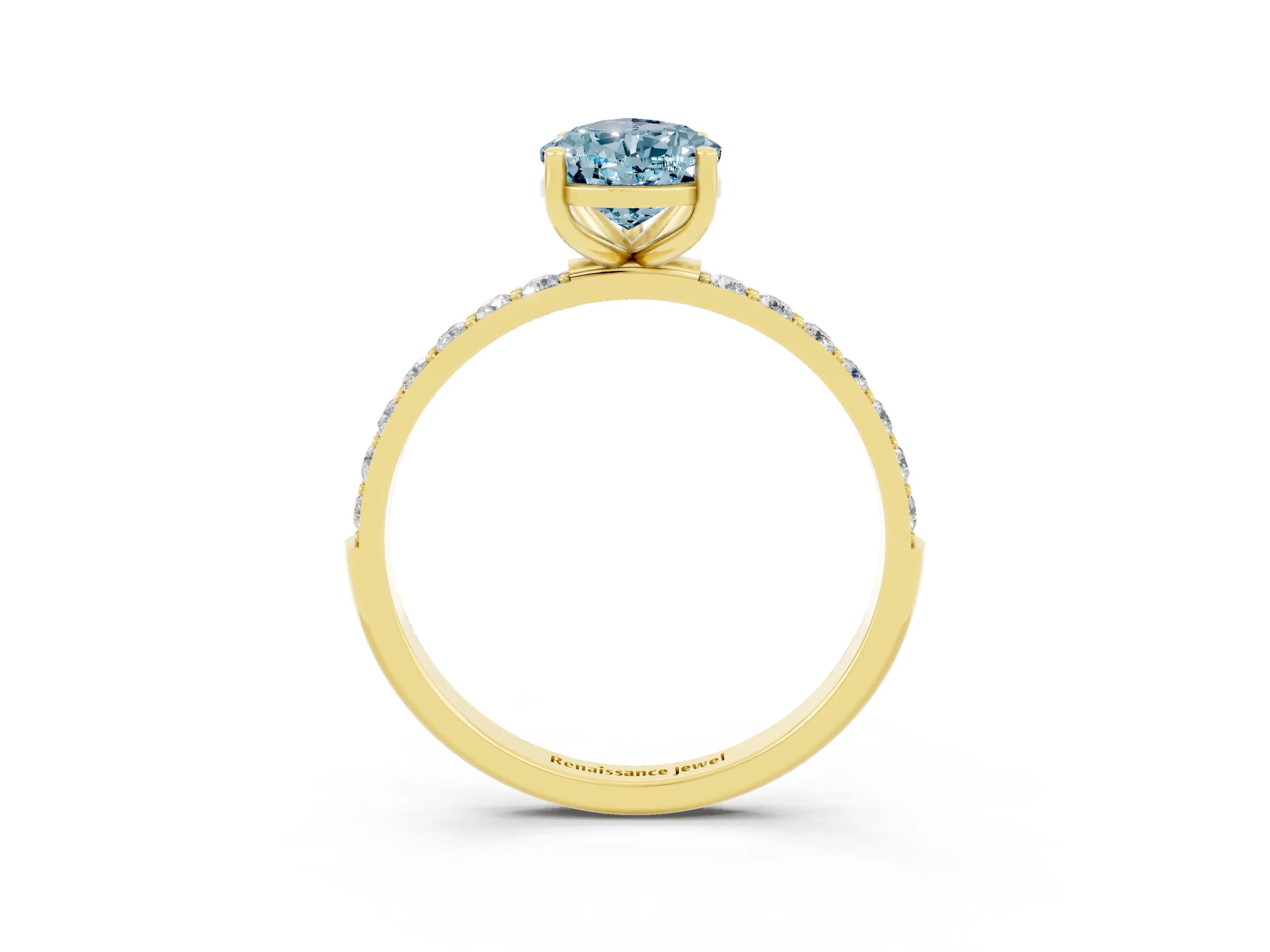 Yellow gold Pear Cut Aquamarine Solitaire Ring with Pave Band and Four Prong Setting_15