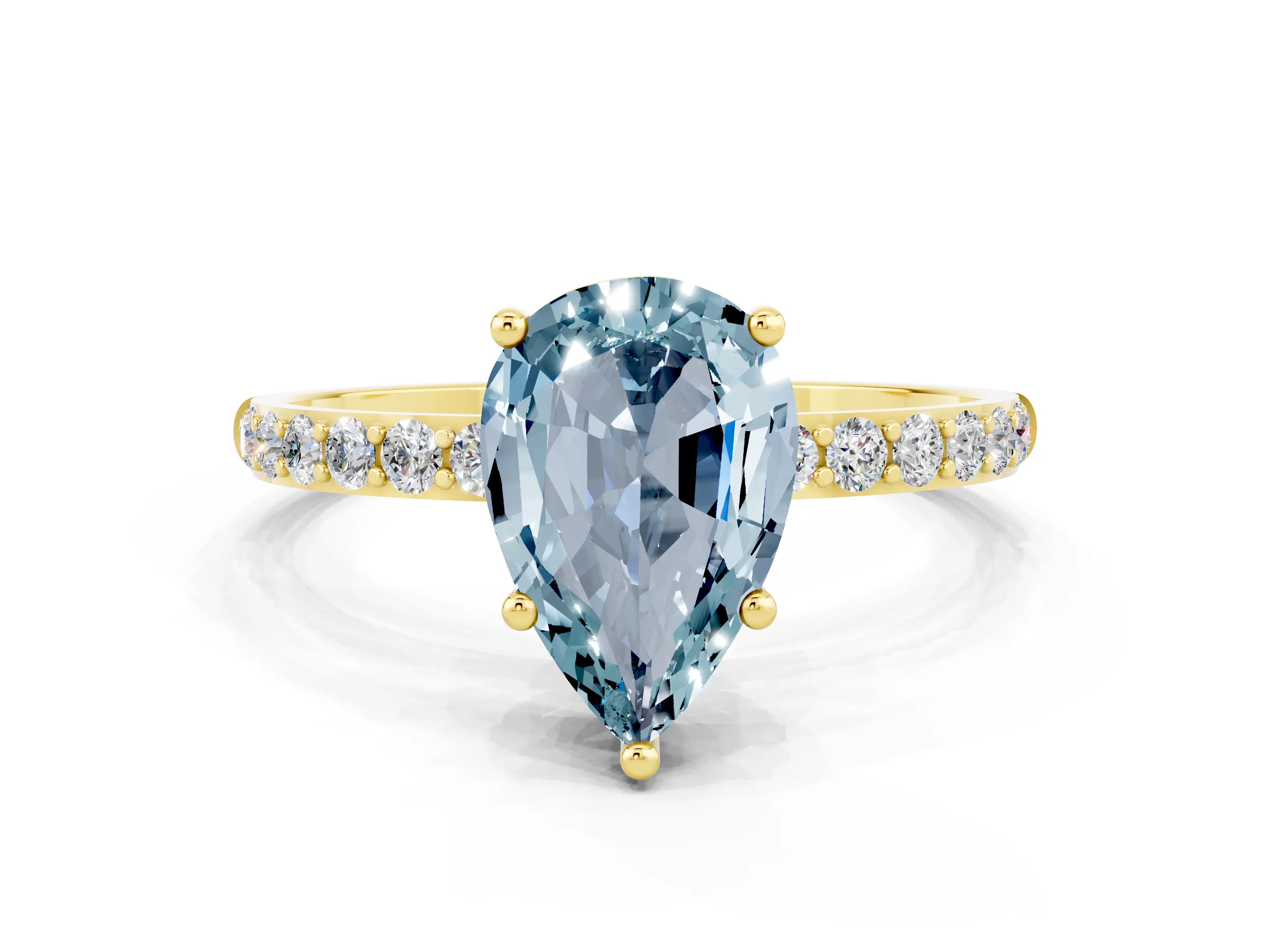 Yellow gold Pear Cut Aquamarine Solitaire Ring with Pave Band and Four Prong Setting_24