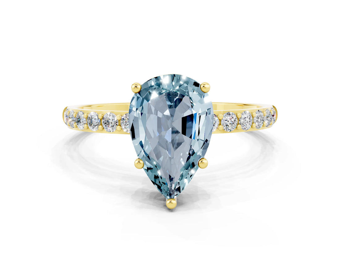 Yellow gold Pear Cut Aquamarine Solitaire Ring with Pave Band and Four Prong Setting_24