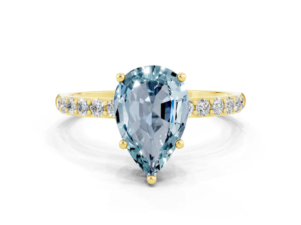 Yellow gold Pear Cut Aquamarine Solitaire Ring with Round  Pavé Band and Prong Setting