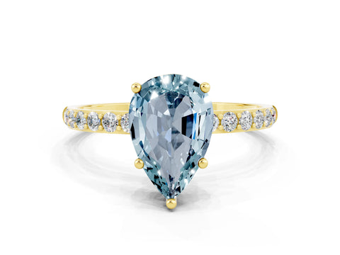 Yellow gold Pear Cut Aquamarine Solitaire Ring with Pave Band and Four Prong Setting_24