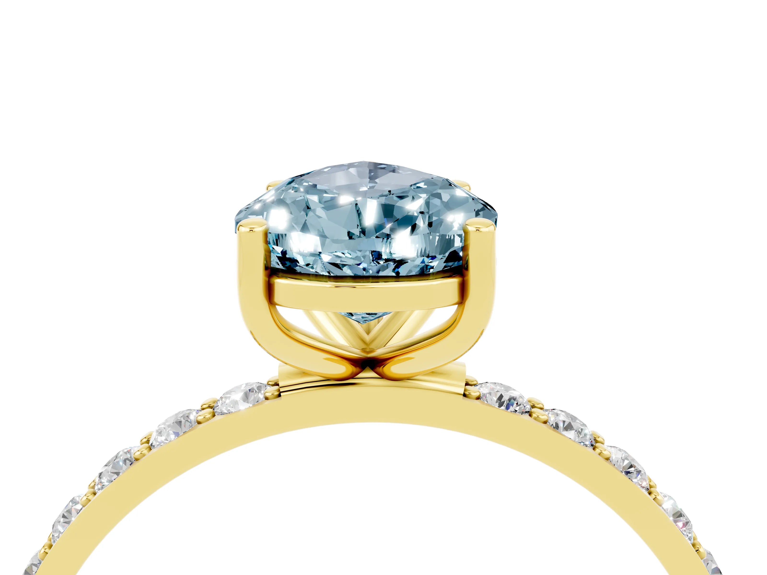 Yellow gold Pear Cut Aquamarine Solitaire Ring with Pave Band and Four Prong Setting_28