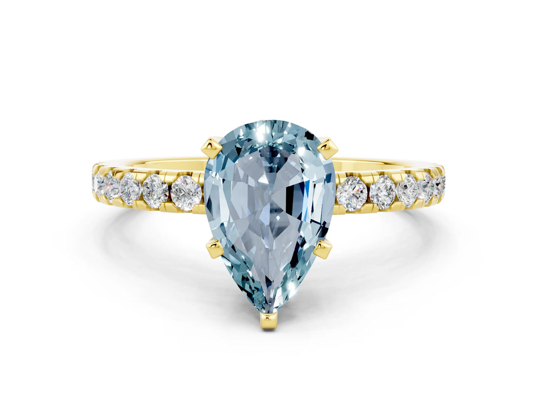 Yellow gold Pear Cut Aquamarine Solitaire Ring with Round  Pavé Band and Four-Prong Setting_36