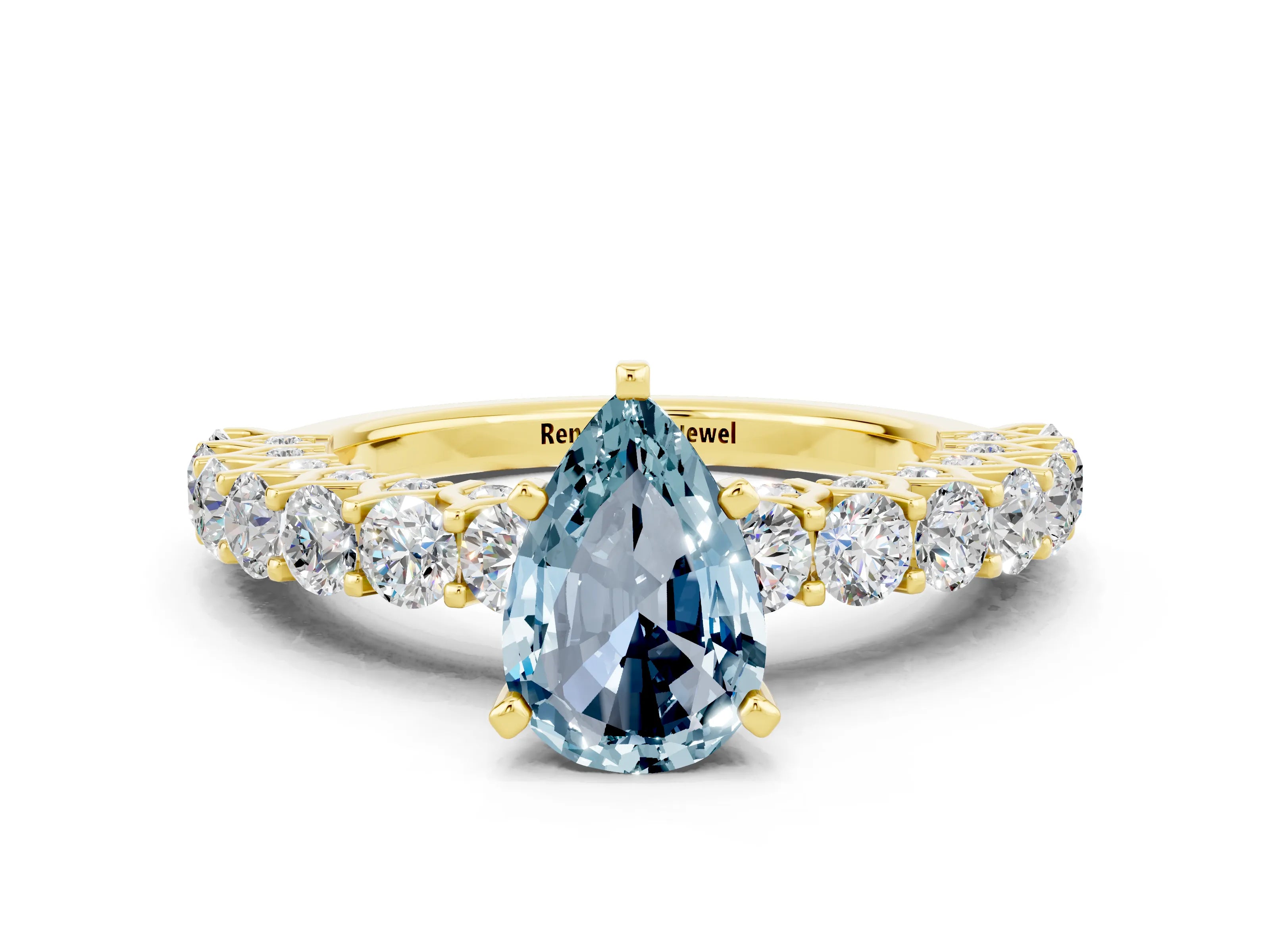 Yellow gold Pear Cut Aquamarine Solitaire Ring with Shared Prong Pavé Band and Four-Prong Setting