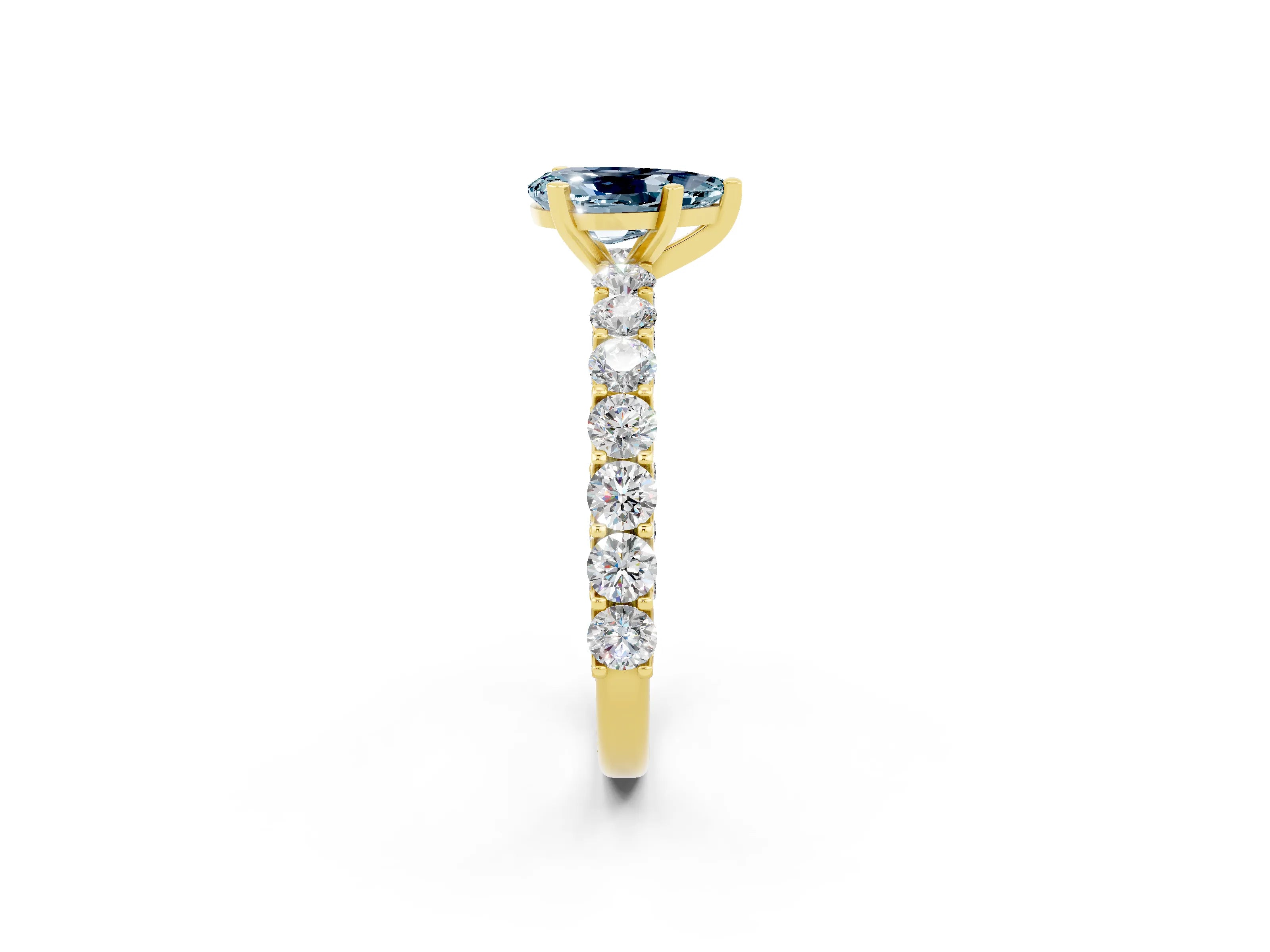 Yellow gold Pear Cut Aquamarine Solitaire Ring with Shared Prong Pavé Band and Four-Prong Setting_2