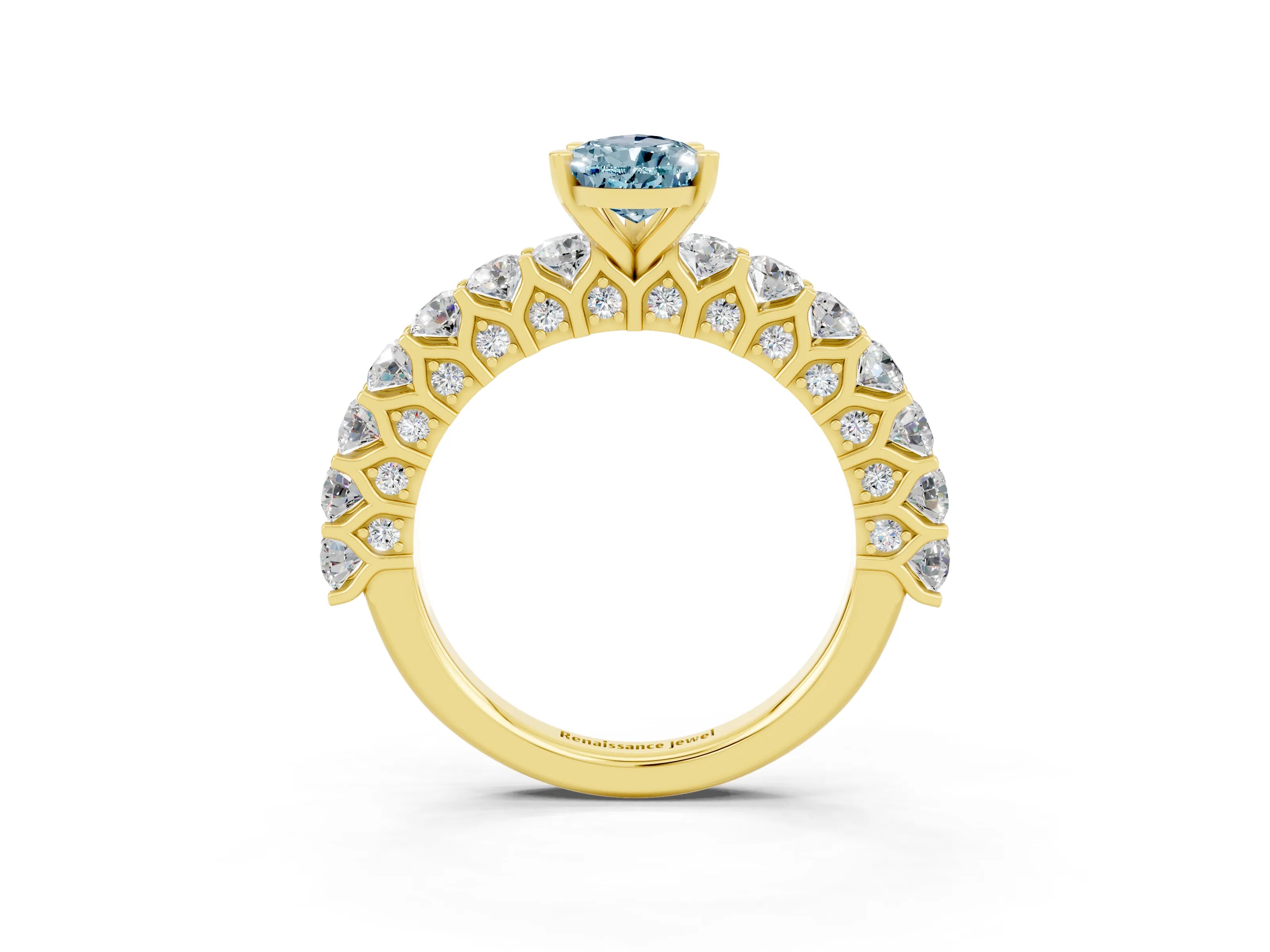 Yellow gold Pear Cut Aquamarine Solitaire Ring with Shared Prong Pavé Band and Four-Prong Setting_3