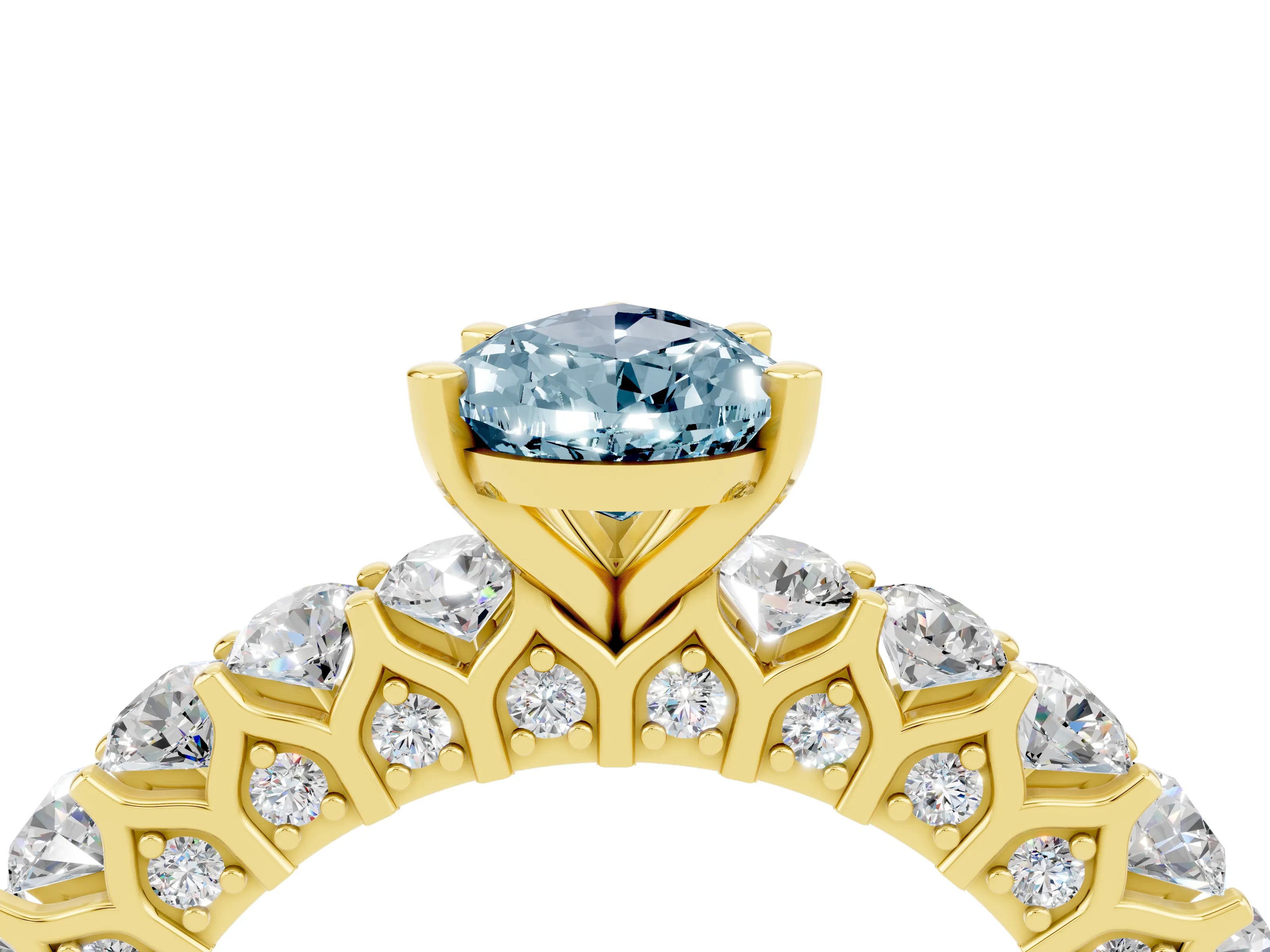 Yellow gold Pear Cut Aquamarine Solitaire Ring with Shared Prong Pavé Band and Four-Prong Setting_4