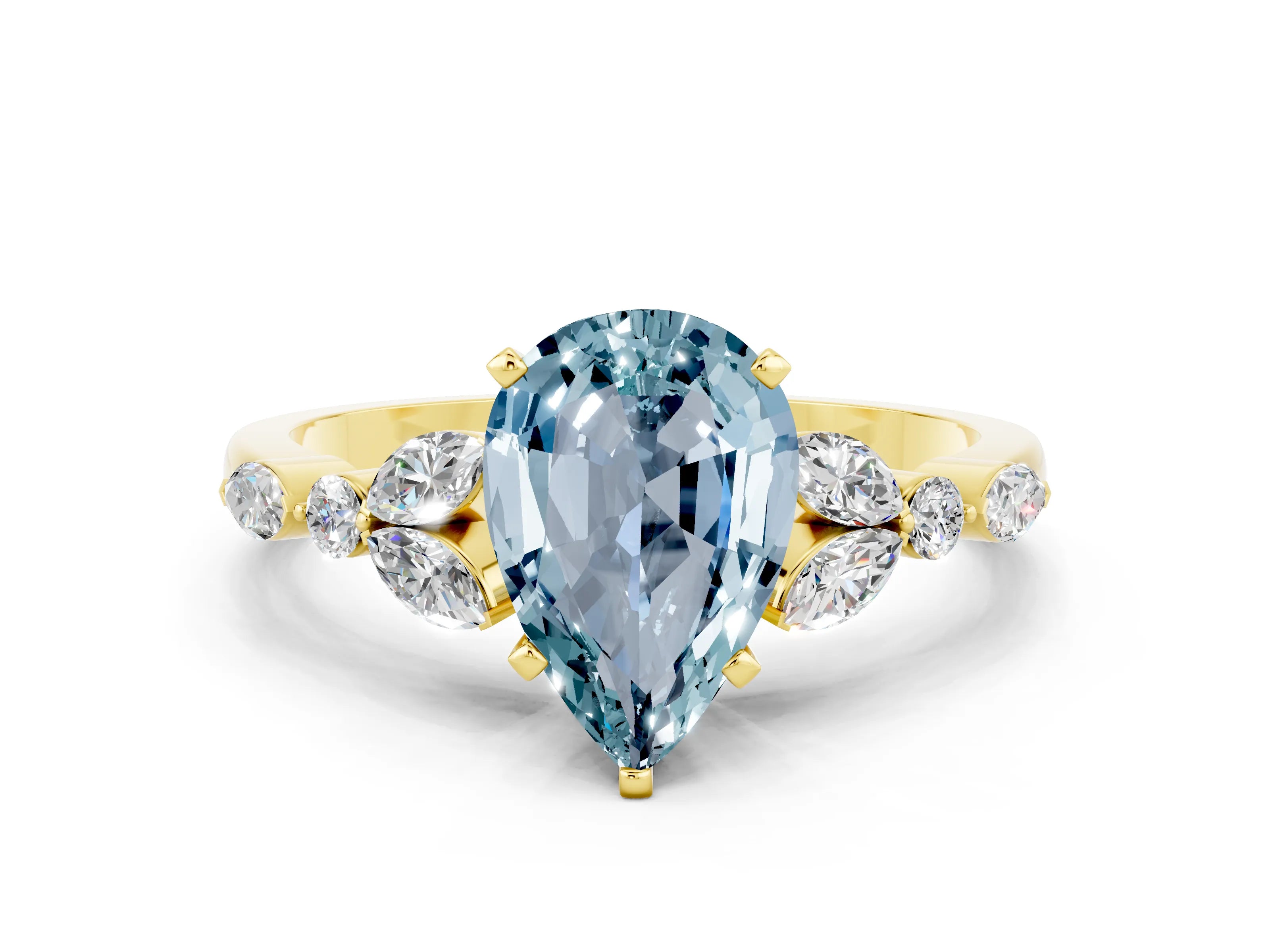 Yellow gold Pear Cut Aquamarine Solitaire Ring with Side Stones and Four-Prong Setting_12