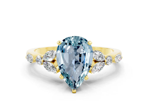 Yellow gold Pear Cut Aquamarine Solitaire Ring with Side Stones and Four-Prong Setting_12